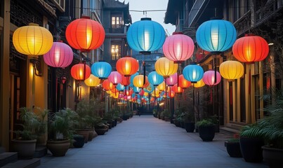 Colorful lanterns illuminating traditional street in vibrant night scene