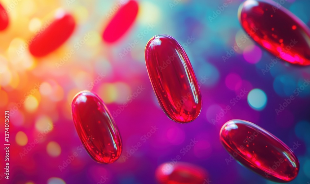 Poster red capsules floating in colorful abstract background with bokeh effect