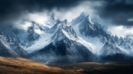Majestic snow-capped mountains under dramatic clouds in a remote landscape during the late afternoon