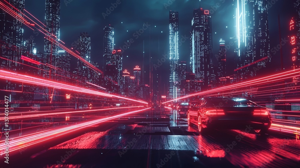 Poster a futuristic cityscape highway illuminated by neon lights at high speed in virtual reality, created 