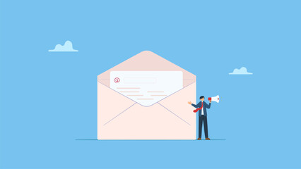Obraz premium Vector illustration of businessman standing next to email envelope announcing promotion via megaphone. Email marketing, CRM, subscription on web and sending email newsletter.