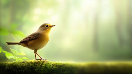 Fototapeta premium A bird standing on one foot in a serene forest, symbolizing peace and tranquility.