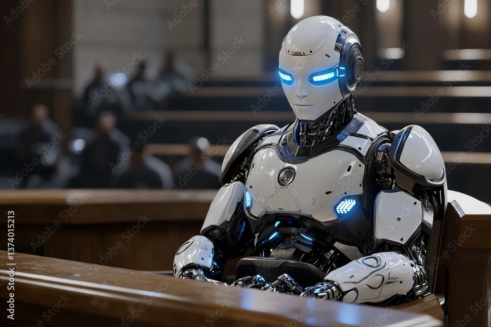 Poster a futuristic ai robot judge is situated in a courthouse, an stock humanoid robot sitting at a table 