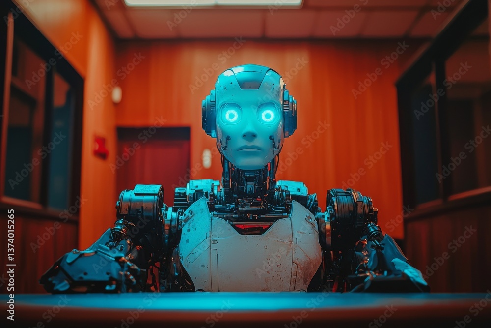 Poster a courthouse features a futuristic ai robot judge, with an stock humanoid robot sitting at a table, 
