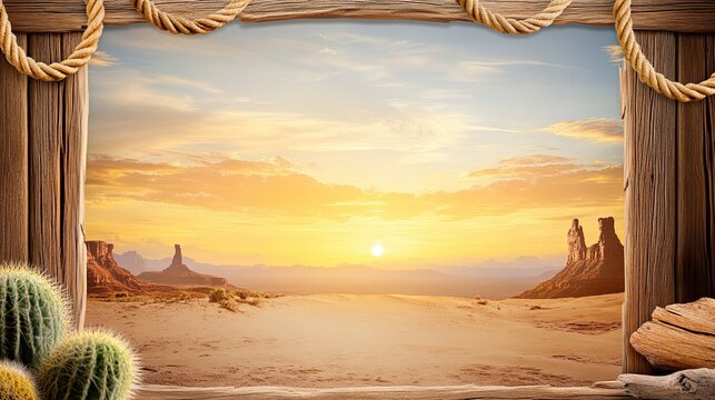 A classic Western border featuring rope details, sun-drenched deserts, and rustic wood, perfect for creating old Western posters or cowboy-themed invitations.