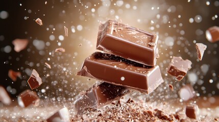 This captivating image portrays chocolate pieces exploding in mid-air, creating a visually stunning display of texture and flavor that excites the senses.