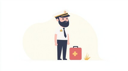 Captain with First Aid Kit, Cartoon illustration of a captain with a first aid kit.