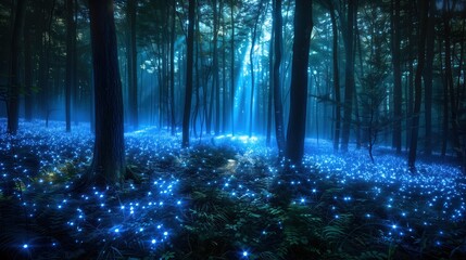 Fototapeta premium A glowing bioluminescent forest where plants light up the surroundings, surrounded by a mystical mist and otherworldly glow. A serene, yet surreal sci-fi landscape.