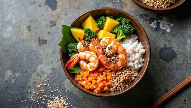 Vibrant fusion poke bowl with kaniwa, grilled shrimp, mango, and sesame seeds on a textured concrete table