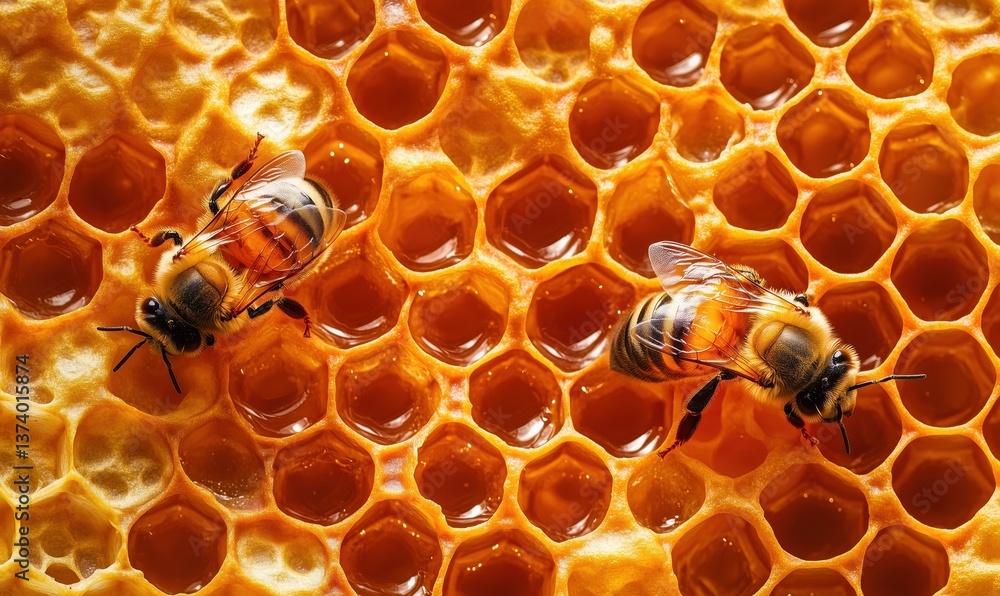Poster close-up of bees on honeycomb showcasing intricate hexagonal patterns and honey