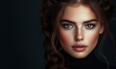 Fototapeta premium Stunning portrait of young woman with braided hair and captivating blue eyes