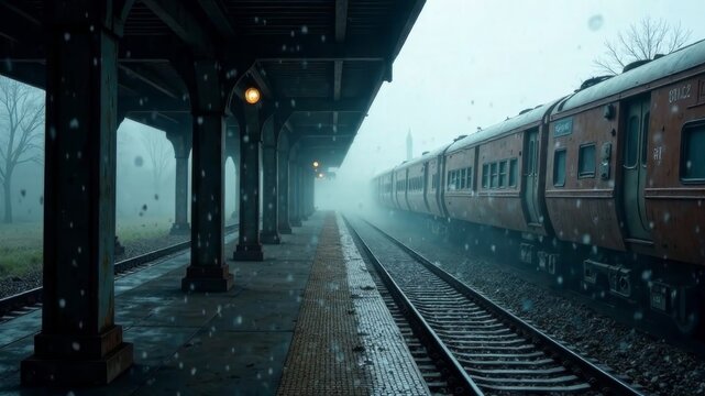 Abandoned train station platform with vintage train on foggy rainy morning.