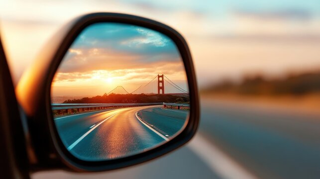 A picturesque sunset reflected in a car's side mirror, highlighting the bridge silhouette against the colorful sky and an open road extending into the distance.