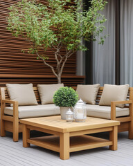 Modern outdoor seating area with plants and decorative elements in a cozy setting