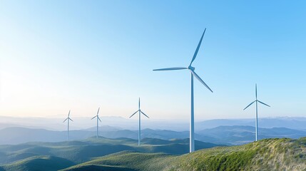 Wind turbines in a scenic landscape on rolling hills, generating clean renewable energy under a clear blue sky at sunrise
