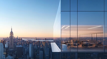 A modern office building with glass facades reflecting the city skyline 