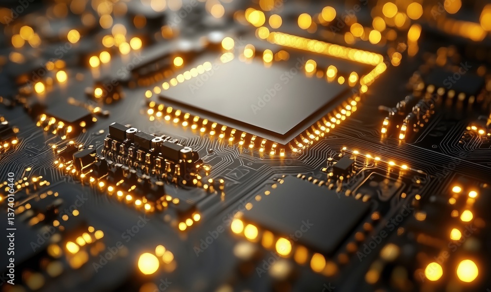 Poster close-up view of illuminated circuit board with microchips and glowing components