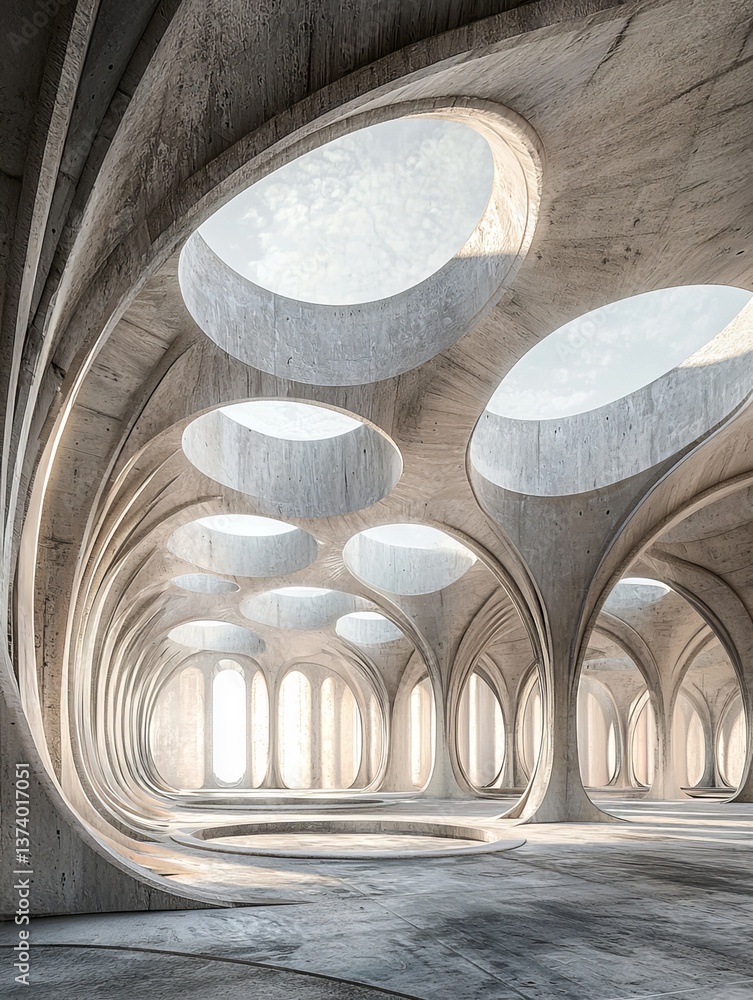 Poster a 3d rendering of abstract futuristic architecture is depicted with a concrete floor