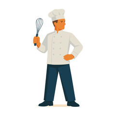 Flat style male chef character in uniform holding whisk – vector illustration for cooking, culinary arts, and restaurant professions