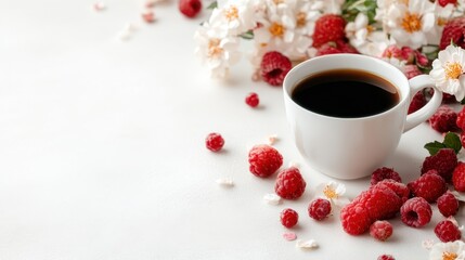 A charming composition featuring a steaming cup of coffee surrounded by fresh raspberries and delicate flowers, creating a serene and inviting atmosphere for any occasion.