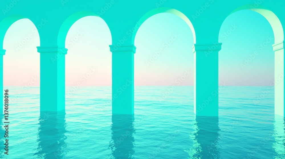 Poster a 3d rendering depicts abstract, futuristic arch architecture illuminated by neon lights and set aga