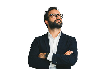 Confident man in blazer with glasses looking up, isolated on transparent background