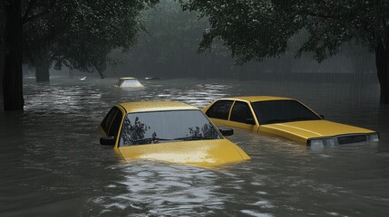 Flooded City Street, Cars Submerged, Rain, Trees