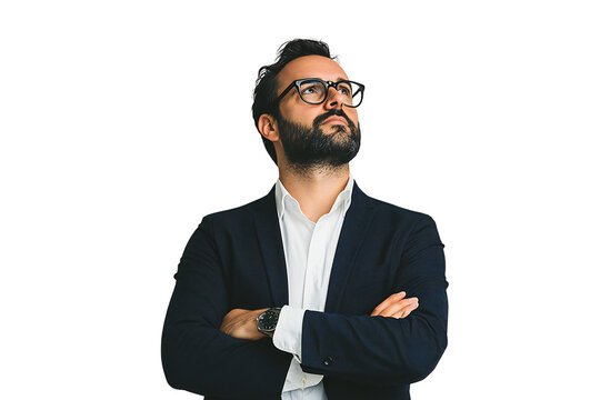 Confident man in blazer with glasses looking up, isolated on transparent background
