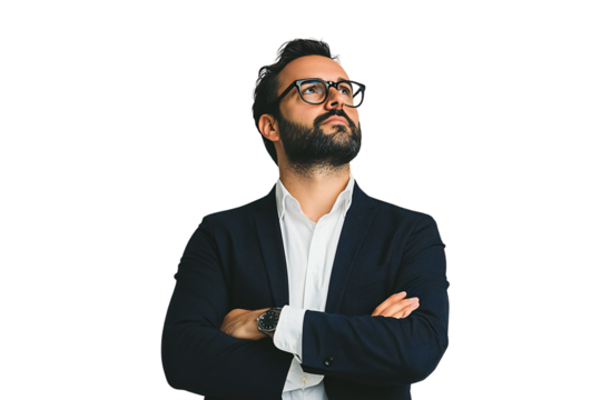 Confident man in blazer with glasses looking up, isolated on transparent background