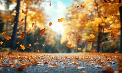 Autumn leaves falling on a serene road surrounded by vibrant fall foliage