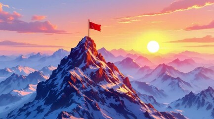 Mountaintop flag at sunrise, inspiring achievement, breathtaking landscape, artistic depiction, motivational imagery
