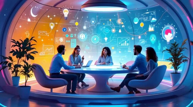 Futuristic meeting, team discussion,  round table, modern office space, brainstorming session