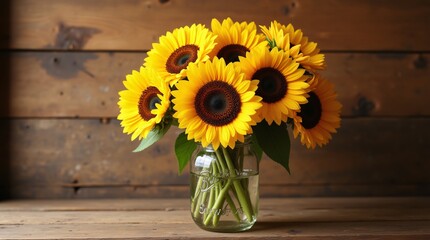 Radiant Sunflowers, a vibrant bouquet in a clear glass mason jar, basking in the warm glow of a rustic wooden backdrop. A summery scene of simple beauty.