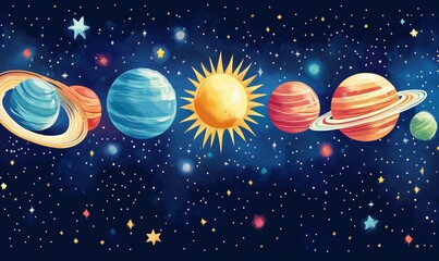 Naklejka premium Colorful Solar System Illustration Featuring Planets and Sun in Starry Background