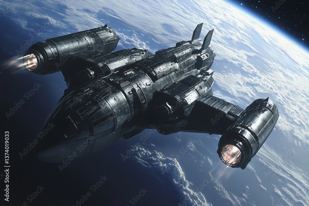 Poster a futuristic fighter jet and a spaceship are shown together in space, created using generative ai