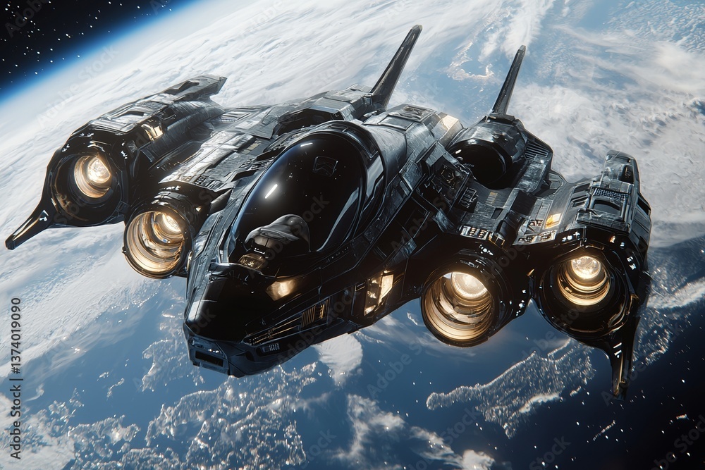 Poster a futuristic fighter jet and spaceship are depicted in space, generated using ai technology