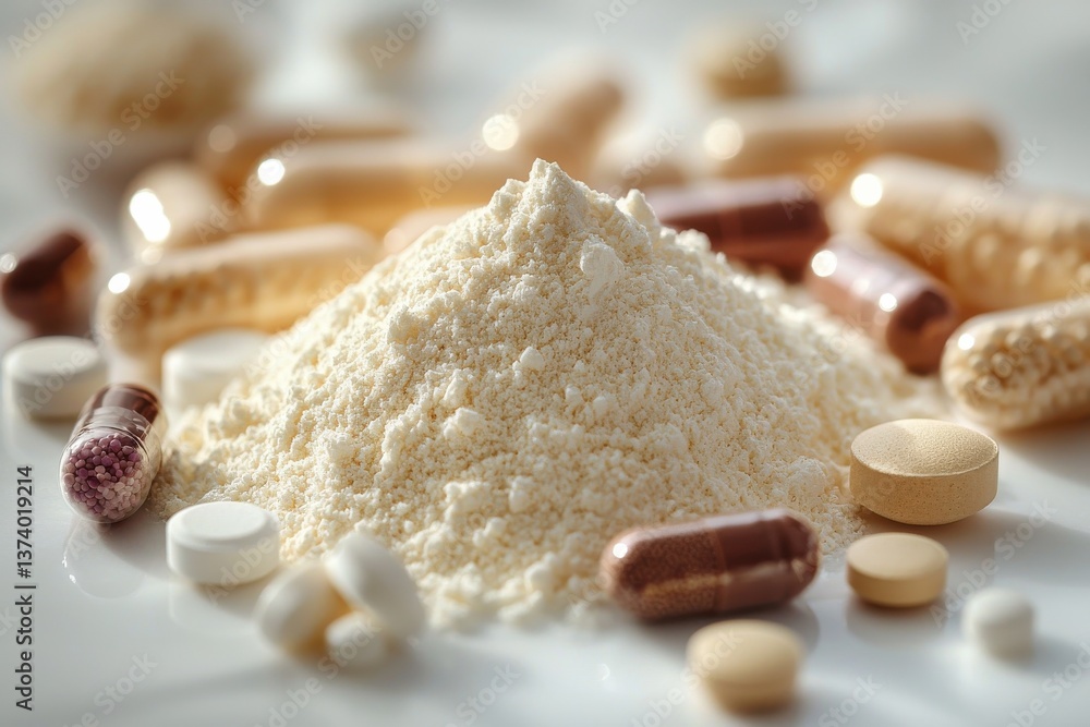 Poster pill capsules and powdered supplements scattered on a surface in a well-lit setting