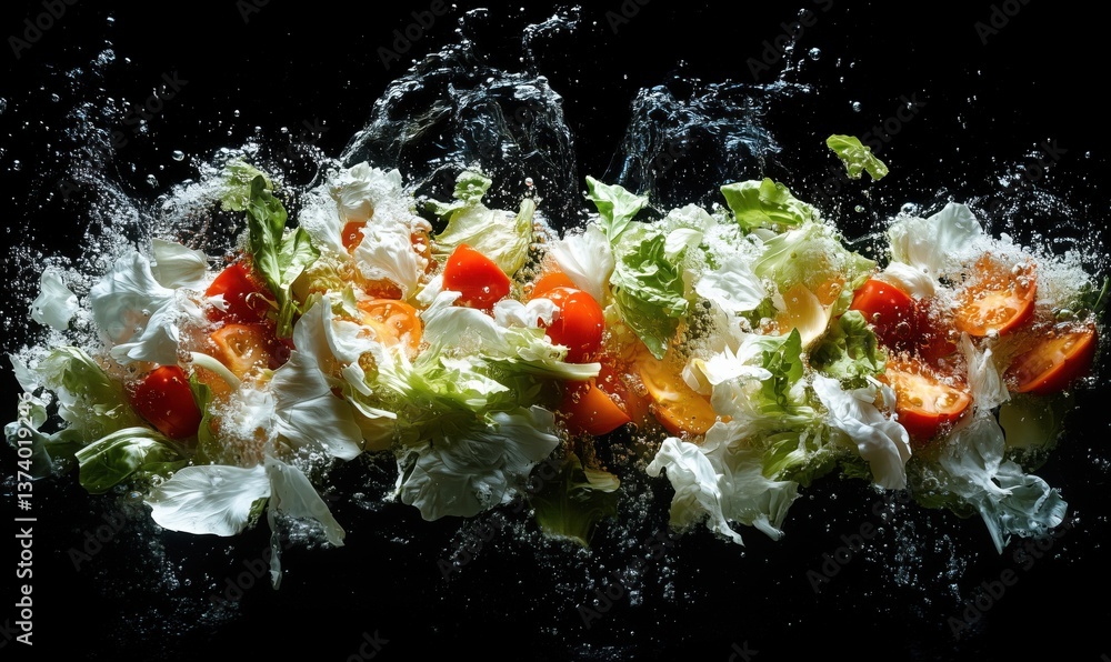 Poster fresh vegetables splashing in water creating dynamic culinary art