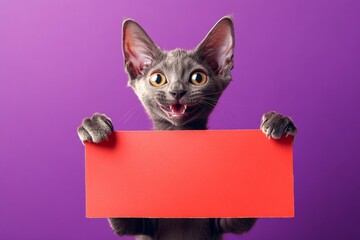 Critter holding message. &ETH;&iexcl;ute adult cat lykoi hold in front paws a template - large red avenue sign. Animal near blank board. Isolated cat on a solid outfit purple background. Pet in ad concep.