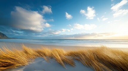 A picturesque beach scene featuring gentle waves lapping at the shore while golden grass sways in the breeze, embodying calmness and the beauty of coastal nature.
