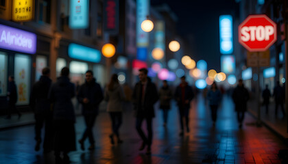 Figures of blurred people on a black background, a stop sign