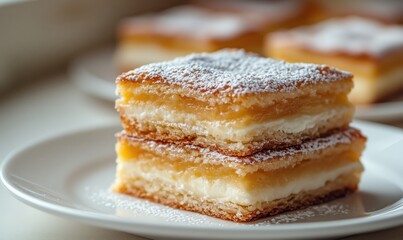 Delicious layered dessert with creamy filling and powdered sugar topping