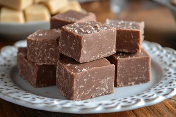 Homemade chocolate fudge squares arranged on a decorative plate for dessert
