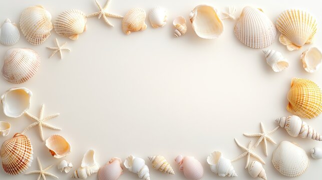 A romantic shell border with soft pastel seashells, ideal for beachside wedding invitations, coastal resorts, or serene vacation destination advertisements.