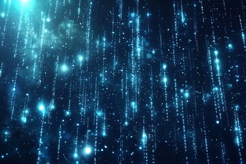 Binary digital data in blue is visible on the background of a computer screen