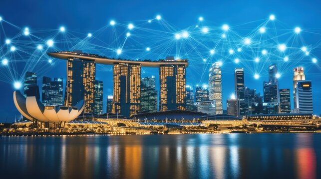 Singapore skyline, night network, digital future