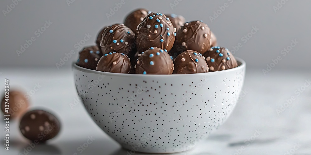 Aufkleber rustic bowl of chocolate eggs on wooden table in high contrast lighting creating depth and mood for 