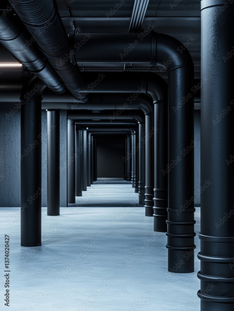 Poster long corridor with multiple black pipes running along the length of the corridor. the pipes are arra