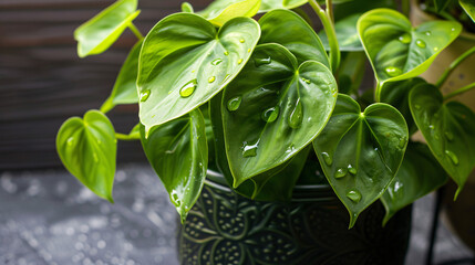 Close-up photograph of Philodendron Fox leaves with water droplets, perfect for nature-inspired decoration and interior design projects.

