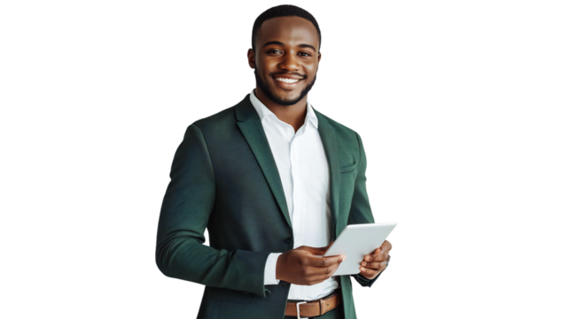 Smiling young man in green blazer holding tablet, isolated on transparent background